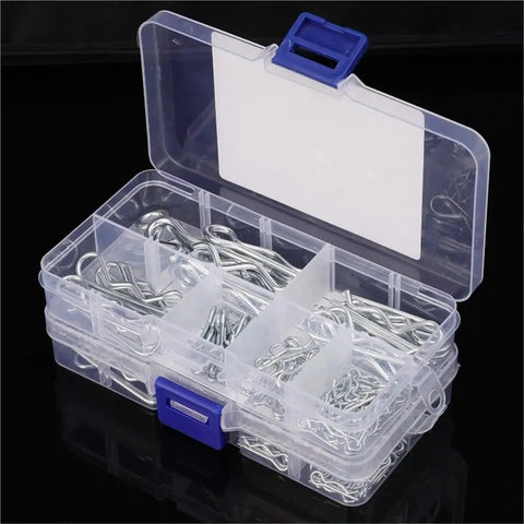 Beefy Heavy Duty R Type Cotter Pins Kit 500 Pieces in plastic box with sections, steel hairpin retaining wire fasteners visible