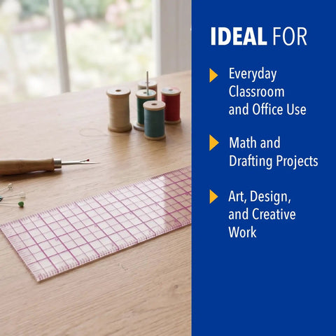 18 Inch Transparent Beveled Ruler With Center Zero, 8ths Of An Inch On One Side And Centimeters On The Other, Go To Drafting Ruler For Architects, Artists, And DIYers, Clear Edge, Durable Plastic on desk