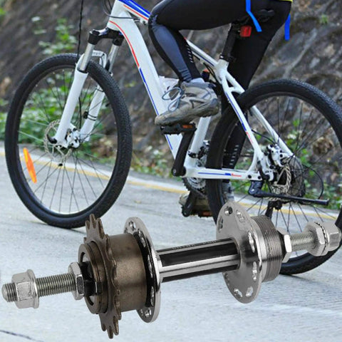 Universal 36 Hole Rear Bike Hub With Solid Axle And 14T for BMX and MTB shown with mountain bike background.