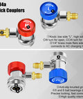 R134a quick couplers with red and blue knobs, showing 1/4 inch brass male flare adapters for AC charging hoses