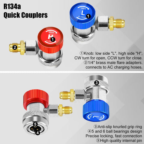 R134a quick couplers with red and blue knobs, showing 1/4 inch brass male flare adapters for AC charging hoses