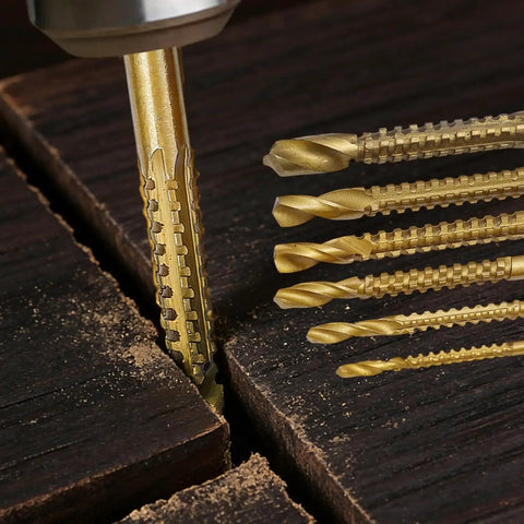 Slick Heavy Duty Three Pack HSS Twist Drill Bit Set Features Serrated Grooving Cutters And Secure Hex Shank Grip For Fast Drilling In Wood Metal Plastic Titanium Steel Works Like A Charm, with serrated cutter in wood.