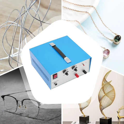 Pro Grade 390W Electric Spot Welder Kit with blue casing, placed among various jewelry items and metal structures.