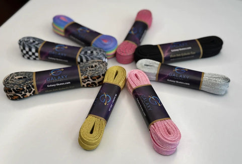 Reflective Pink Roller Skate Laces, 96 Inches Long among assorted colorful lace packs on a table, built tough and flexible