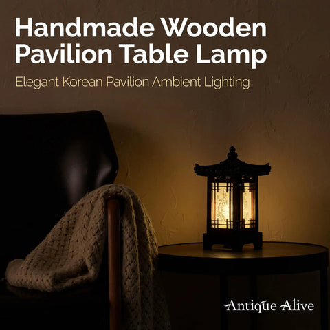 Handmade Korean Wood Lamp With Pagoda Design, Cozy Table Lantern For Bedroom And Living Room on side table