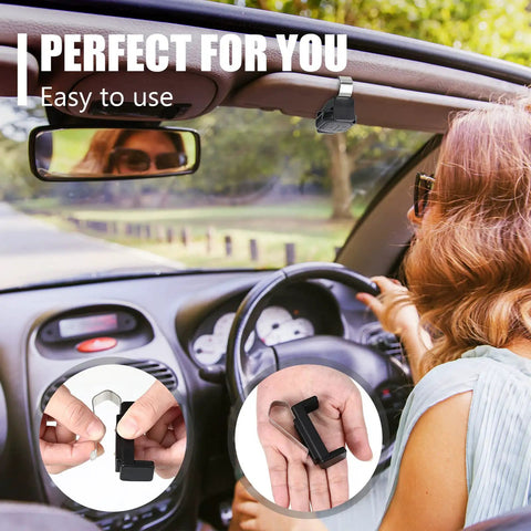 Universal Car Garage Remote Visor Clip Holder For 1.7 To 2.8 Inch Remotes in use, attached to car visor with close-up of the clip.