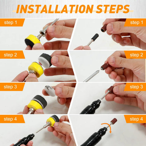 Installation steps for 1 Inch Wet And Dry Sanding Discs Kit For Rotary Tools with various pads and shank attachments