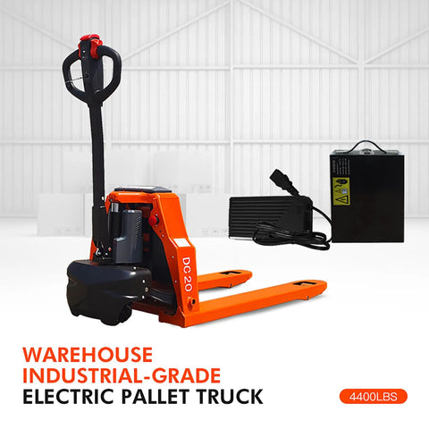Heavy Duty Electric Pallet Jack With 4400 Lb Capacity Lithium Ion Battery Powered Pallet Truck Low Profile Design For Warehouse Material Handling Efficient And Durable, orange industrial electric pallet truck with battery charger.