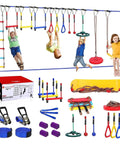 Backyard Kids Slackline Obstacle Course Kit with 65ft line, 13 obstacles, quick install buckles, easy setup, shown with children playing.