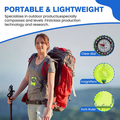 Woman hiking with Trail Ready Outdoor Compass With Adjustable Declination Magnifier Ruler And Map Reading Scale