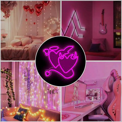 Pink Heart Angel Devil Neon Sign LED Light For Bedroom Wall Decor 14 By 13 Inch Acrylic Love Neon for cozy, romantic settings.