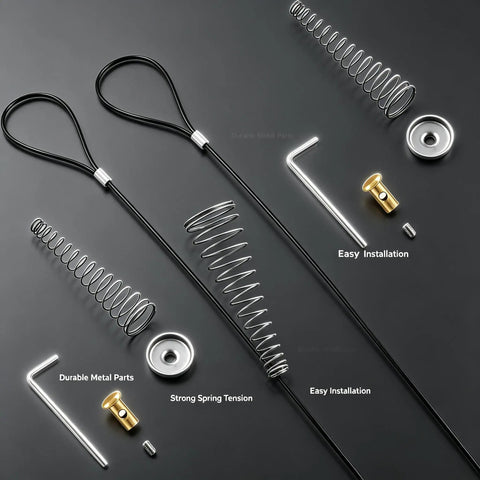 Components of Heavy Duty Black Stainless Steel Gate Latch Cable Pull Kit With Spring Tension Adjustment, easy installation parts.