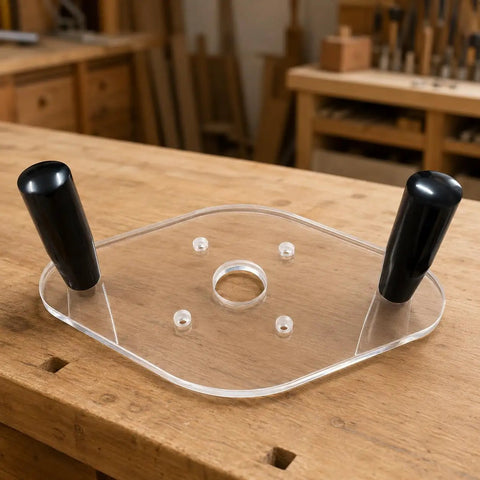 Clear Acrylic Router Base Plate With Reinforced Dual Handles For Compact Routers Rock Solid Stability And Smooth Sailing Cuts For Fine Woodworking Enthusiasts Knockout Clarity on wooden workbench.
