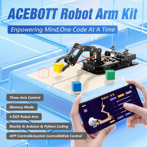 ACEBOTT 4-DOF ESP32 robotic arm kit for kids; black robotic arm on beige grid base with mobile app control.