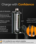 Hecka Quick Forty Amp Level 2 Portable EV Charger with 11-inch military-grade aluminum body and NEMA adapters.