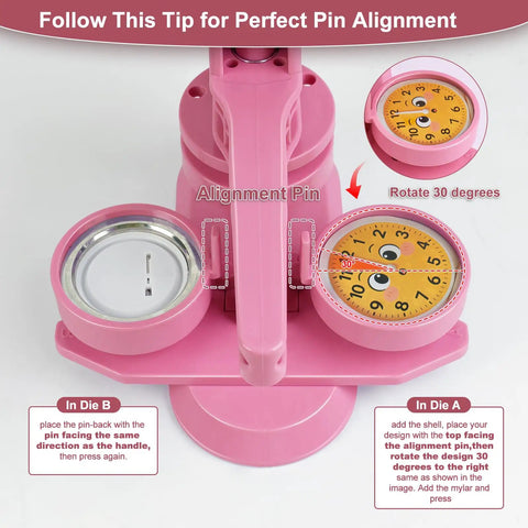 Blush Pink Button Maker Machine 58mm Pin Badge Press Tool With 30 Complete Sets And Sharp Cutter showcasing alignment pin and instruction guide.