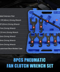 8 Piece Pneumatic Fan Clutch Wrench Set For Auto Repair With Beefy Heavy Duty 7 Driving Wrenches Including 22Mm 32Mm 36Mm 40Mm 47Mm 48Mm 51Mm To Fasten Or Loosen Fan Clutch And Water Pump Nuts Universal Fit For Most Car Brands., blue case with 7 carbon steel driving wrenches and extension rod