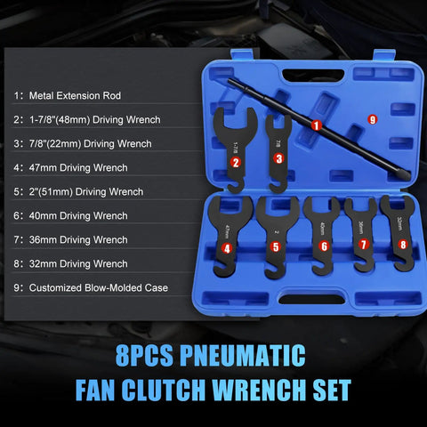 8 Piece Pneumatic Fan Clutch Wrench Set For Auto Repair With Beefy Heavy Duty 7 Driving Wrenches Including 22Mm 32Mm 36Mm 40Mm 47Mm 48Mm 51Mm To Fasten Or Loosen Fan Clutch And Water Pump Nuts Universal Fit For Most Car Brands., blue case with 7 carbon steel driving wrenches and extension rod