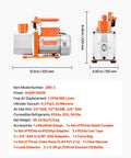 Pro Grade Heavy Duty AC Vacuum Pump And Gauge Kit With Leak Detector, Seven CFM Two Stage Rotary Vane HVAC Pump, Three Quarter HP, Compatible With R134a R22 R410a, Includes Carry Bag And Hose For Auto HVAC Air Conditioning Service. Side view with dimensions.