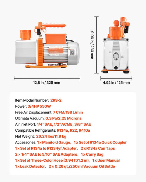 Pro Grade Heavy Duty AC Vacuum Pump And Gauge Kit With Leak Detector, Seven CFM Two Stage Rotary Vane HVAC Pump, Three Quarter HP, Compatible With R134a R22 R410a, Includes Carry Bag And Hose For Auto HVAC Air Conditioning Service. Side view with dimensions.
