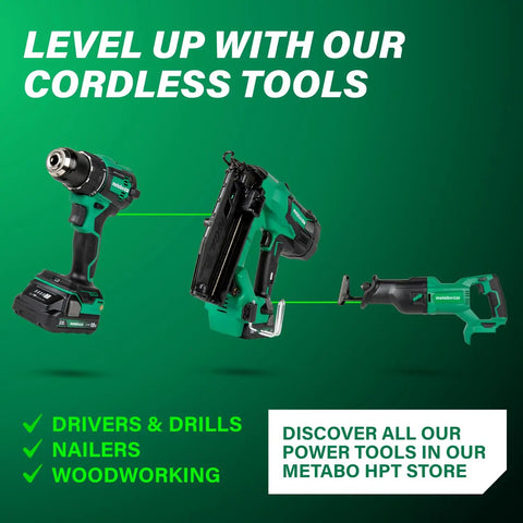 Cordless tools including 18V Cordless Reciprocating Saw With Orbital Cut Mode Beast Mode Power 3000 SPM on green background