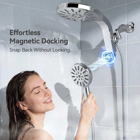 Silver High Pressure Rain Shower Head Combo With Magnetic Handheld And Smooth Quick Snap Mount For Modern Bathrooms Dropping Zero Fuss Setup And Tough Magnetic Lock For Serious Wash Time Comfort