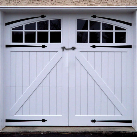 Badass Heavy Duty Two Inch Swivel Eye Latch Set Of 8 Secures Exterior Garden Gates Wood Doors And Fences With Rust Proof Black Mounts Fastened Tight For Tough All Season Use on a white garage door.