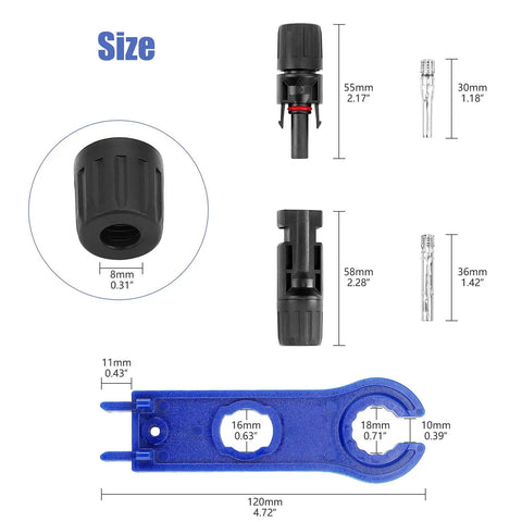 Dimensions of connectors and wrench in 40 Piece Solar Panel Connector Kit With Male And Female Multi Pin PV Connectors IP67 Waterproof 1000V 30A Rating Works With 14 AWG To 10 AWG Cables Includes 2 Wrenches Durable PPO Copper Construction