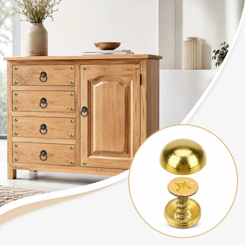 Hella Durable Gold Brass Decorative Screws With Rust Resistant Caps For Super Easy Furniture Upholstery and Mirror Mounting, shown on wooden cabinet.