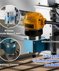 Close-up of ProVerXL 6050 Plus CNC Router showing spindle with 69mm trimmer and three sizes of spindle holders on hybrid table