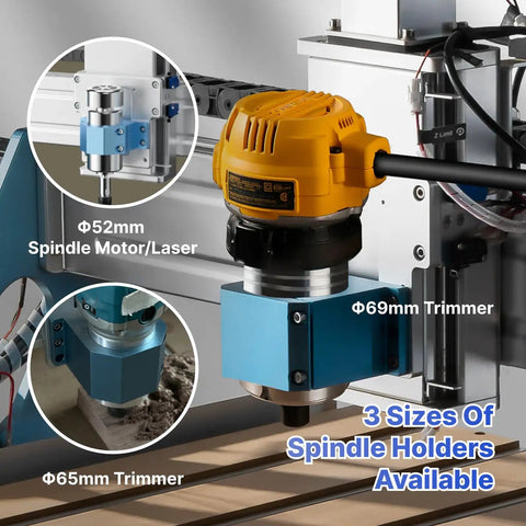 Close-up of ProVerXL 6050 Plus CNC Router showing spindle with 69mm trimmer and three sizes of spindle holders on hybrid table