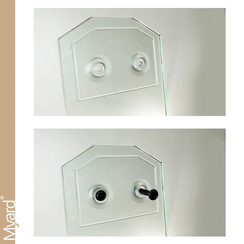 Close-up of Laminated And Tempered Clear Glass Balusters with mounting brackets shown front and back