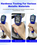 Portable Ultrasonic Hardness Tester With Dual Probes For Measuring HL HV HB HS HRA HRB HRC, handheld blue gauge on metal block