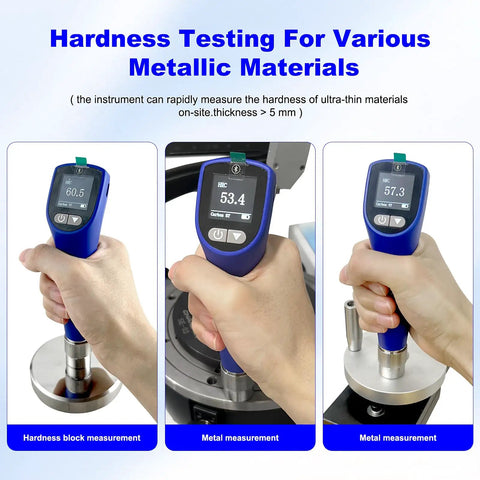 Portable Ultrasonic Hardness Tester With Dual Probes For Measuring HL HV HB HS HRA HRB HRC, handheld blue gauge on metal block