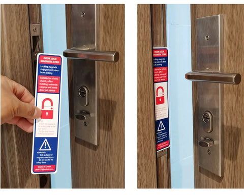 Applying the 12 Pack Magnetic Lockdown Strips For Doors Heavy Duty Iron Door Magnets Security Devices For School And Office Go-To Emergency Lockdown Solution Indigo Color Magnetic Tape Set on a door latch.