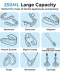 Diagram showing dental appliances and jewelry compatible with Ultrasonic Retainer Cleaner Machine For Dentures Mouth Guards Night Guards Aligners And Jewelry 45kHz 250ml UV Deep Cleaning System Keeps Your Dental Gear Fresh And Germ Free.