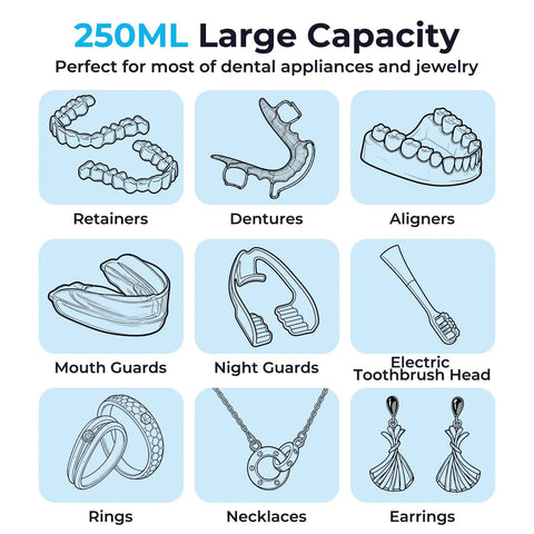 Diagram showing dental appliances and jewelry compatible with Ultrasonic Retainer Cleaner Machine For Dentures Mouth Guards Night Guards Aligners And Jewelry 45kHz 250ml UV Deep Cleaning System Keeps Your Dental Gear Fresh And Germ Free.