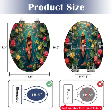 Elongated Ornate Wooden Boat Surrounded by Fish Colorful Lotus Toilet Seat dimensions showing 18.5" x 11" x 17.3".