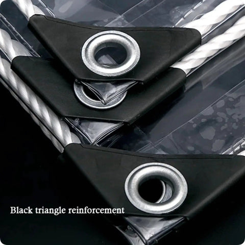 Close-up of Heavy Duty Transparent Roof Tarp with black triangle reinforcement and grommets for quick fix and emergency leak coverage.