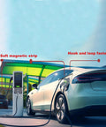 Rock Solid Ev Charger Port Cover For Outdoor Electric Vehicles Waterproof Thick Pvc With Dual Magnetic Straps displayed on an EV.