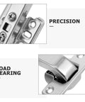 Close-up of stainless steel cabinet hinges focusing on precision screws and load-bearing capability.