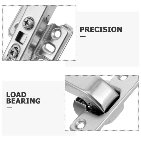 Close-up of stainless steel cabinet hinges focusing on precision screws and load-bearing capability.