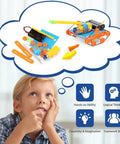 Child imagining Five In One Robotics Kit for Kids Aged 8 to 12 with obstacle avoidance robot, promoting STEM skills.