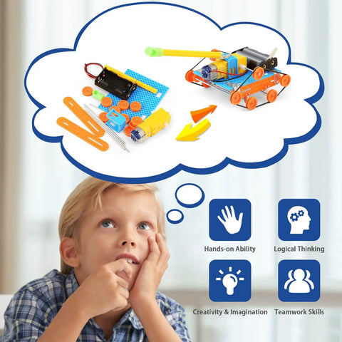 Child imagining Hands On 11 Project STEM Kit For Kids Aged 8 9 10 11 12 13 14 with robot building experiments and skills icons