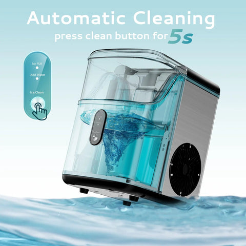 Countertop Nugget Ice Maker With Self Cleaning Function, Sonic Pebble Ice Machine, stainless steel silver with auto-cleaning feature.