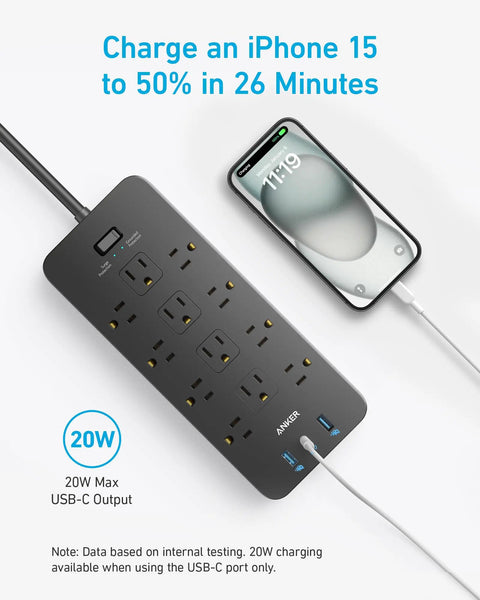 Power Strip With 2100J Surge Protector And 5ft Extension Cord, 12 AC Outlets, 2 USB-A Ports And 1 USB-C 20W Fast Charge charging phone
