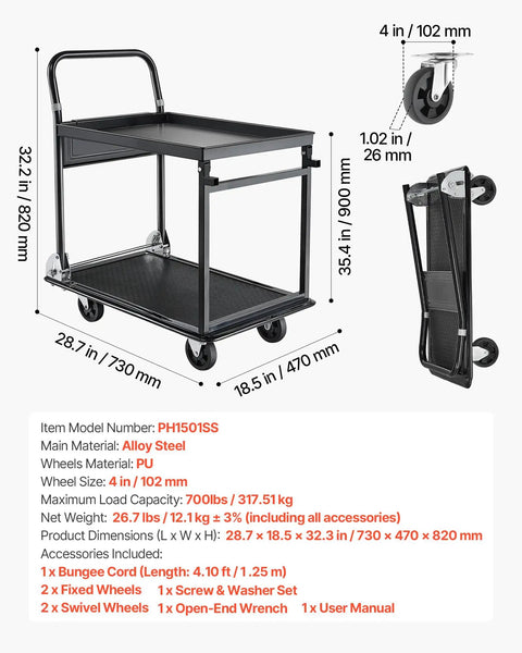 Heavy Duty 2 Tier Foldable Platform Hand Truck With 700 Lb Capacity For Warehouse Garage Workshop Or Office Use, High Strength Steel Frame, Rugged Yet Portable Workhorse Utility Cart