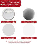 Fresh 200 Set Of 58Mm Button Maker Supplies With Top Shelf Steel Dies And Blank Badge Papers showing button back covers, metal shells, blank papers, and clear films.