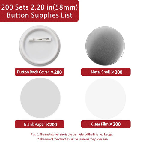 Fresh 200 Set Of 58Mm Button Maker Supplies With Top Shelf Steel Dies And Blank Badge Papers showing button back covers, metal shells, blank papers, and clear films.