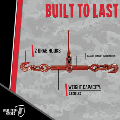 One Quarter To Five Sixteenth Inch Ratchet Binder With Grab Hooks For Grade 70 Chains, Rated 7,800 Lbs, Working Load 2,600 Lbs